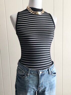 Retro Say Anything Black Mesh Stripe Bodysuit Juniors Size M